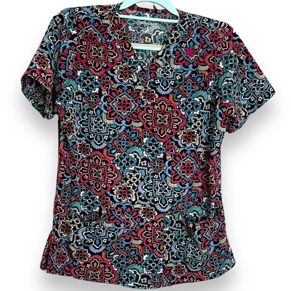 Butter Soft Scrub Top Women's XS Multicolor All Over Geometric Print Medical